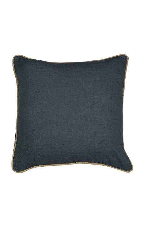 Coussin carré en lin et coton couleur gris foncé avec galon en jute 45 x 45