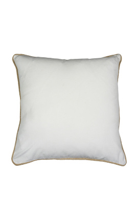 Coussin carré en lin et coton couleur blanc avec galon en jute 45 x 45