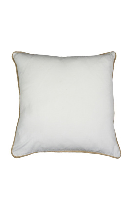 Square cushion in white linen and cotton with jute braid 45 x 45