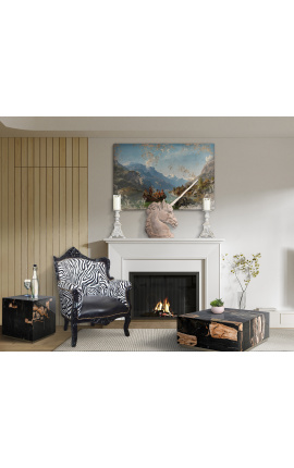 Krzesło &quot;książę&quot; Barokowy styl zebra i czarny faux lather z czarnym lakierowanym drewnem