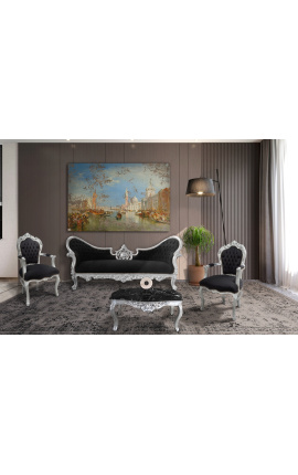 Sofa w stylu barokowym Napoleon III medalion czarna tkanina aksamitna i drewno srebrne