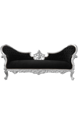Barock Napoleon III Medaillon Sofa aus schwarzem Samtstoff und Holz Silber