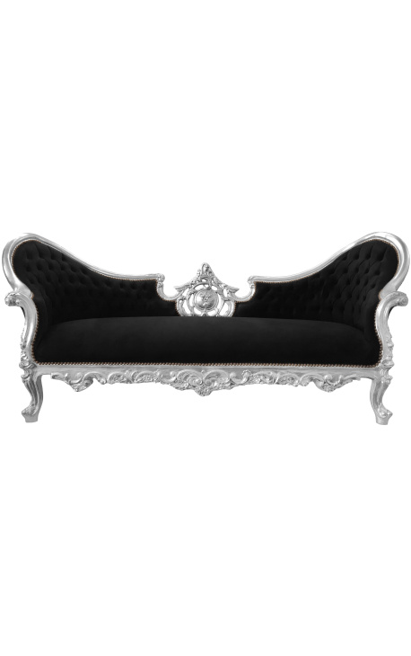 Baroque Napoleon III medallion sofa black velvet fabric and wood silver