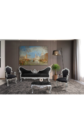 Baroque rococo armchair style black velvet and silver wood