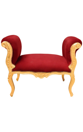 Barokowa ławka Ludwika XV bordowa aksamitna tkanina i złote drewno 