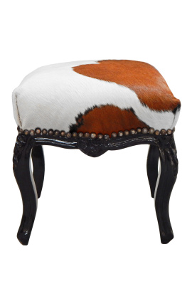 Appoggipiedi barocchi Louis XV pelle di mucca marrone e legno nero lucido