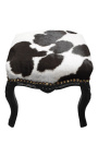 Baroque footrest Louis XV cow leather black and glossy black wood
