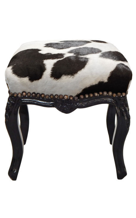 Repose-pied baroque de style Louis XV peau de vache noire et bois noir