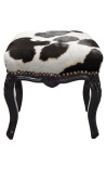 Repose-pied baroque de style Louis XV peau de vache noire et bois noir