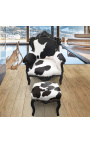 Baroque footrest Louis XV cow leather black and black shine wood