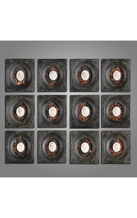 Set of 12 black frames with plaster cameos in the center