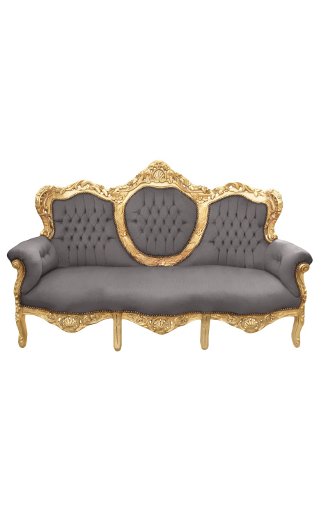 Barok sofa fløjlsgrå stof og guldtræ - 1