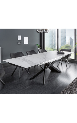 "Euforický" jídelní stůl v černém oceli a bílém mramoru z keramického povrchu 180-220-260