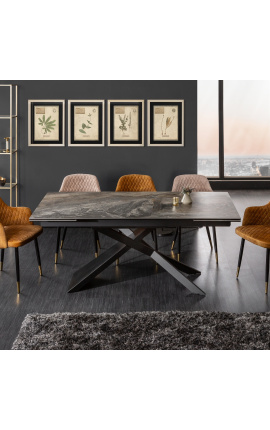 &quot;Euphoric&quot; dining table in black steel and gray marble ceramic top 180-220-260