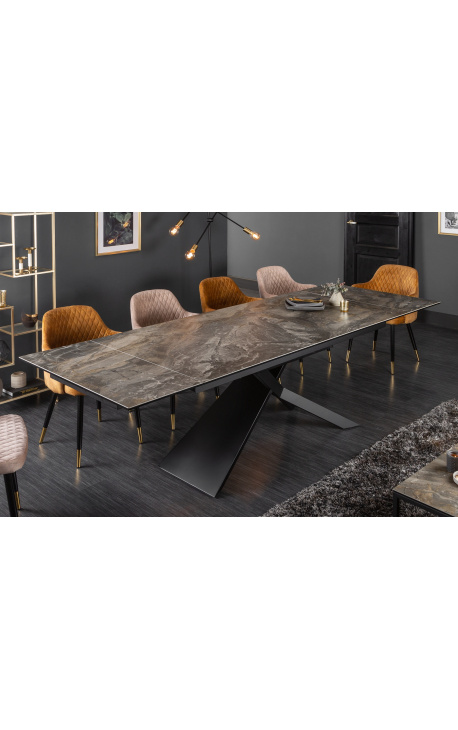 Mesa de comedor eufórico en acero negro y cerámica de mármol gris 180-220-260