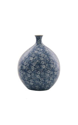 Große runde Vase "Bleu Floral" aus emaillierter blauer Keramik