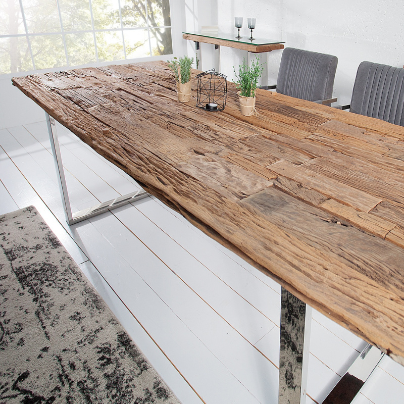 Großer Esstisch aus recyceltem Teakholz mit Edelstahlfuß 180 cm