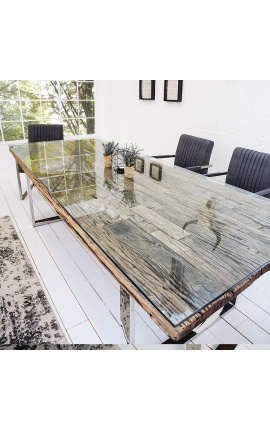Grande mesa de jantar em teca reciclada com base em aço inoxidável 180 cm