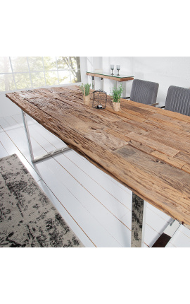 Large dining table in recycled teak with stainless steel base 200 cm