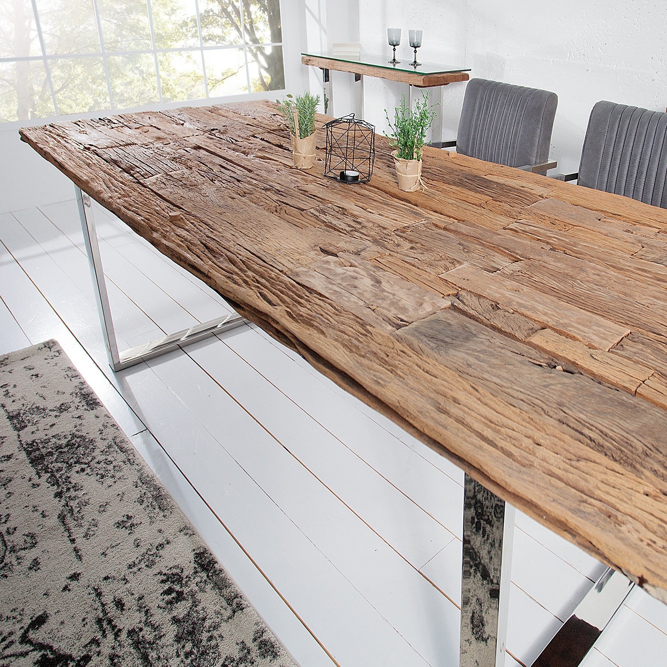 dining table in recycled teak stainless steel base