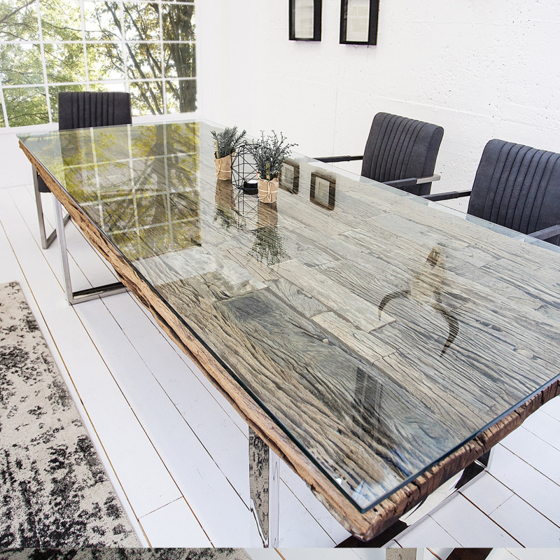 Großer Esstisch aus recyceltem Teakholz mit Edelstahlfuß 240 cm