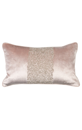 Almofada retangular de veludo rosa pó com faixa decorativa 30 x 50