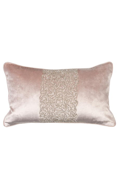 Rectangular powder pink velvet cushion with decorative band 30 x 50