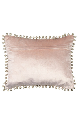 Coussin rectangulaire en velours rose poudré avec pompons 35 x 45