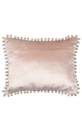 Stačiakampė pudros rožinės spalvos aksominė pagalvėlė su pomponais 35 x 45
