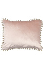 Almofada retangular de veludo rosa pó com pompons 35 x 45