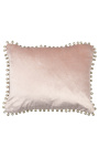 Rectangular powder pink velvet cushion with pompoms 35 x 45