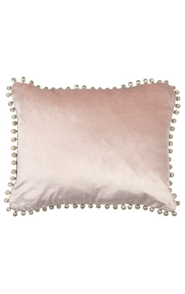 Almofada retangular de veludo rosa pó com pompons 35 x 45