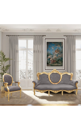 Barokk sofa fløyel taupe stoff og gull tre