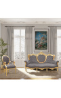 Sofa w stylu barokowym aksamitna tkanina w kolorze ciemnoszarym i złote drewno