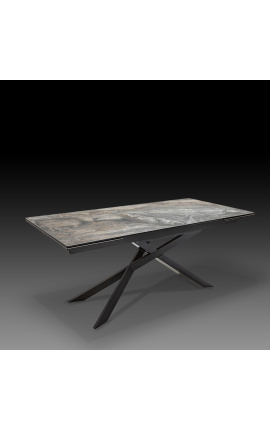 Table de repas "Euphoric" acier noir et plateau en céramique marbre gris 180-220-260