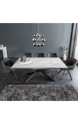 &quot;Euforický&quot; jídelní stůl v černém oceli a bílém mramoru z keramického povrchu 180-220-260