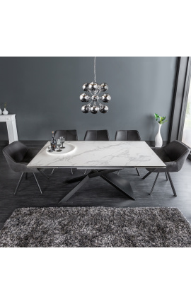 Mesa de comedor eufórico en acero negro y cerámica de mármol blanco 180-220-260