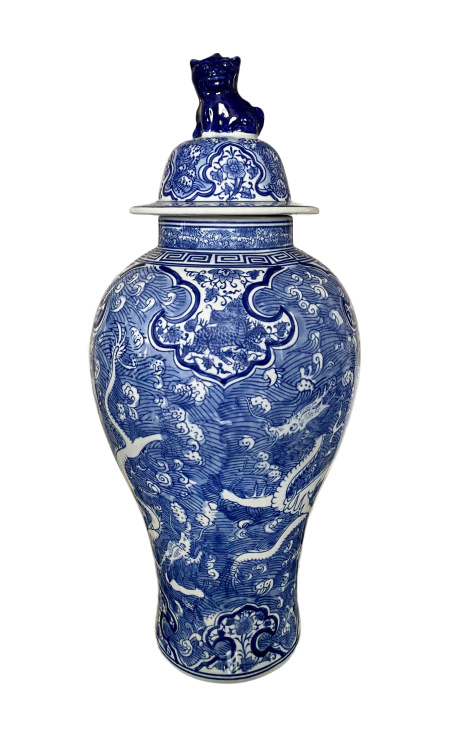 Decoratieve urn-type vase "Draak" in blauw emaleerde keramiek, medium model