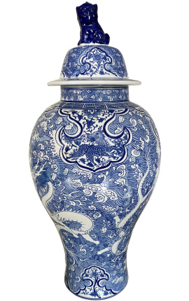 Vaso decorativo tipo urna "Dragão" em cerâmica esmaltada azul, modelo grande