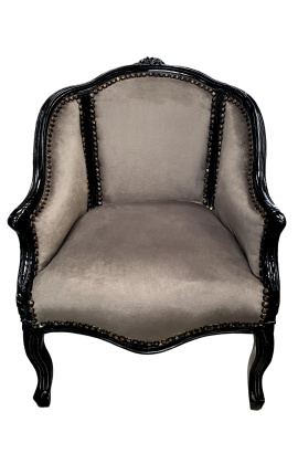 Барокко кресло Bergere Louis XV с темно-серым бархатом и черным деревом