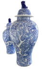 Decoratieve urn-type vase "Draak" in blauw emaleerde keramiek, medium model