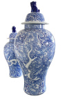 Jarrón tipo urna decorativo Dragón en cerámica esmaltada azul, modelo mediano