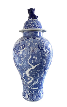 Decoratieve urn-type vase &quot;Draak&quot; in blauw emaleerde keramiek, medium model