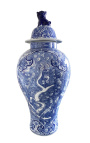 Dekorative Urne-typ vase "Drachen" in blau emaillierter keramik, medium modell