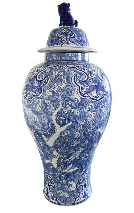 Vase type urne décorative &quot;Dragon&quot; en céramique bleu émaillé grand modèle