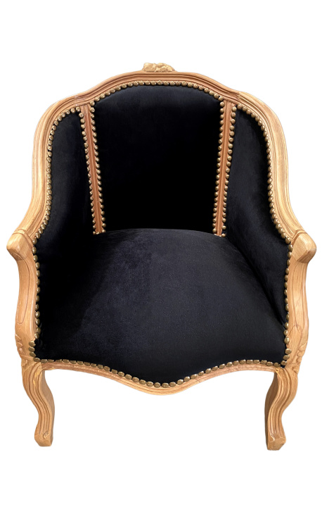 Bergere armchair Louis XV style bergere black velvet and natural wood