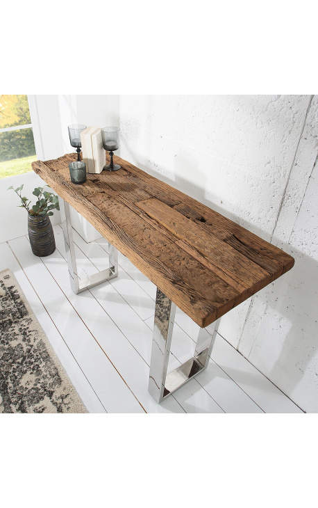 Recycled teak console with stainless steel base