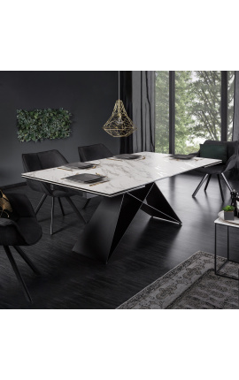&quot;Slib&quot; jídelní stůl v černém oceli a bílém mramoru z keramického povrchu 180-220-260