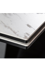 Table de repas "Promise" acier noir et plateau en céramique marbre blanc 180-220-260