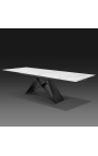 Table de repas "Promise" acier noir et plateau en céramique marbre blanc 180-220-260